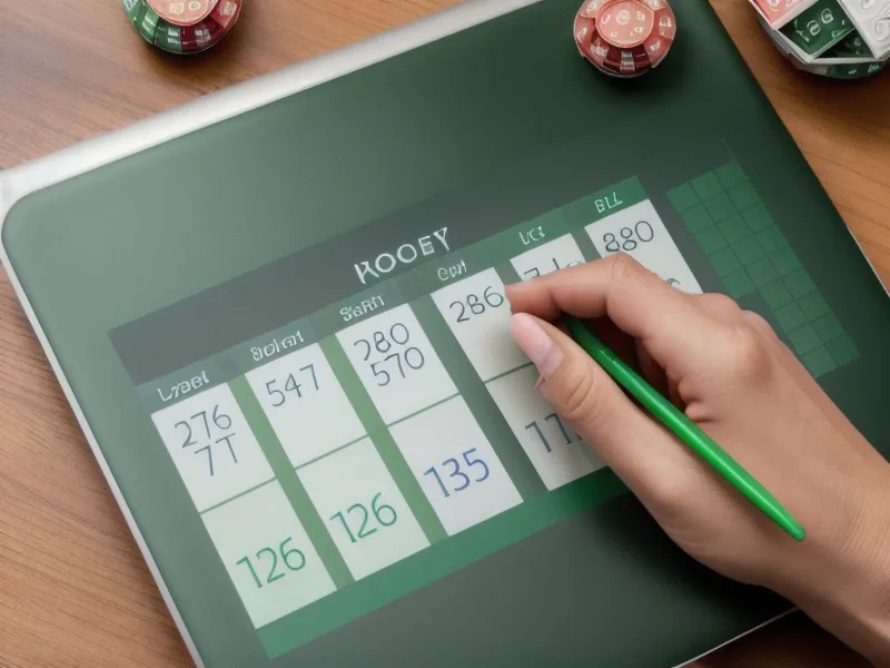 Close-up of a color-coded lottery tracking spreadsheet on a laptop screen.