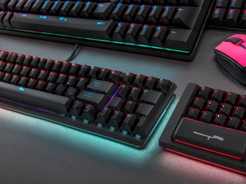 Close-up of a mechanical keyboard and a spreadsheet with colored data cells.