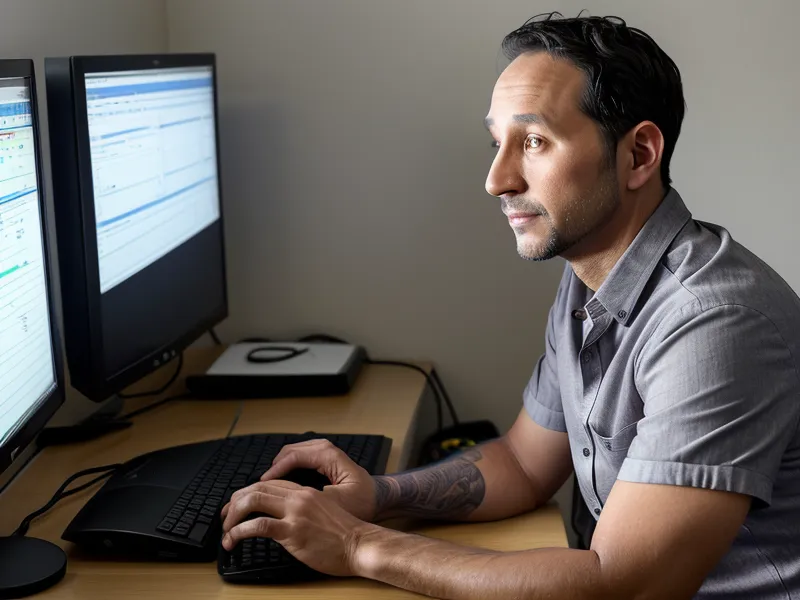 A man in his late 30s analyzing data on two computer monitors in a home office.