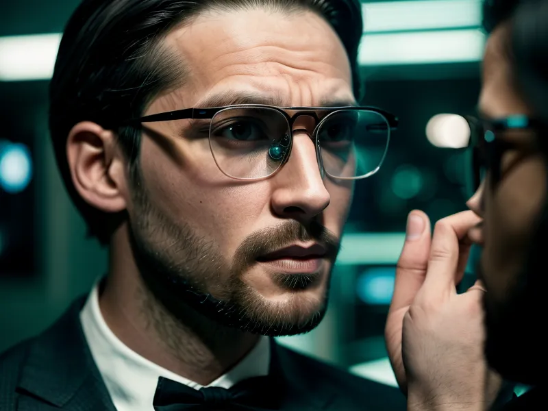 A man in glasses analyzing data on computer monitors in a dark room.