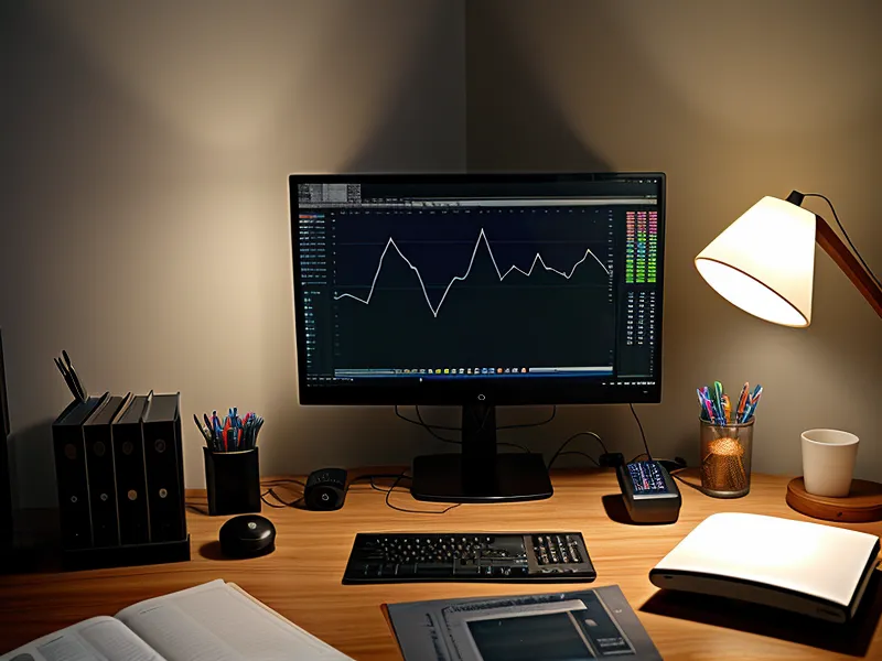 A home office setup at night with data visualizations on the computer screens.