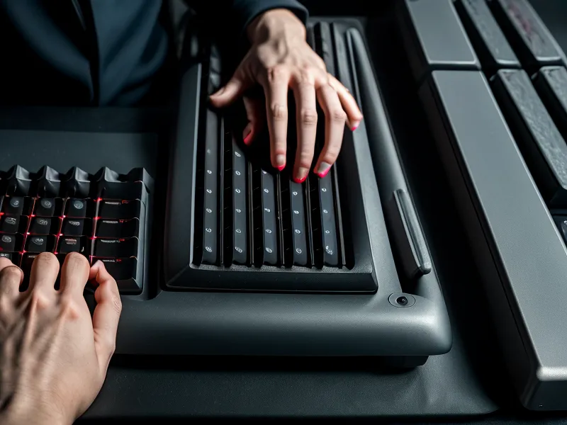 Close-up of hands typing data into a mechanical keyboard at night.