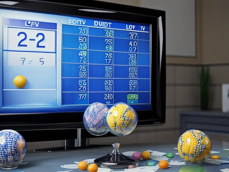 Live lottery draw being compared to a tracking spreadsheet on a laptop.