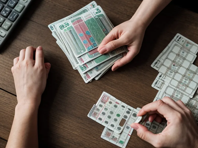 Organizing lottery tickets alongside a results app and a calculator on a desk.