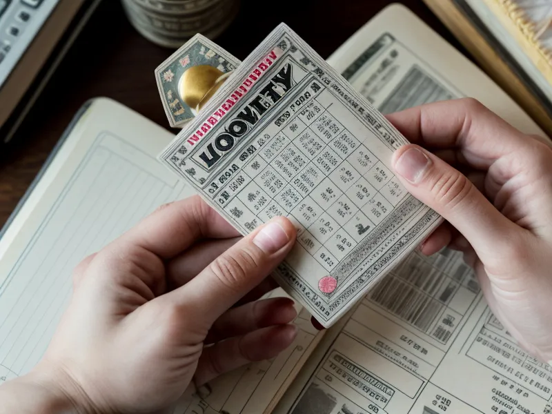 Hands holding a lottery ticket next to a notebook of data analysis.