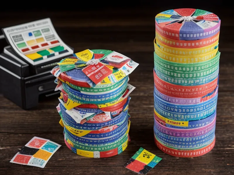 A stack of Powerball tickets on a desk next to a keyboard.